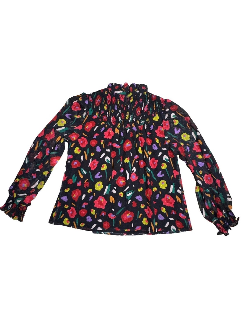 Crosby by Mollie Burch Floral Smocked Mock Neck Sheer Sleeve Blouse Women’s M